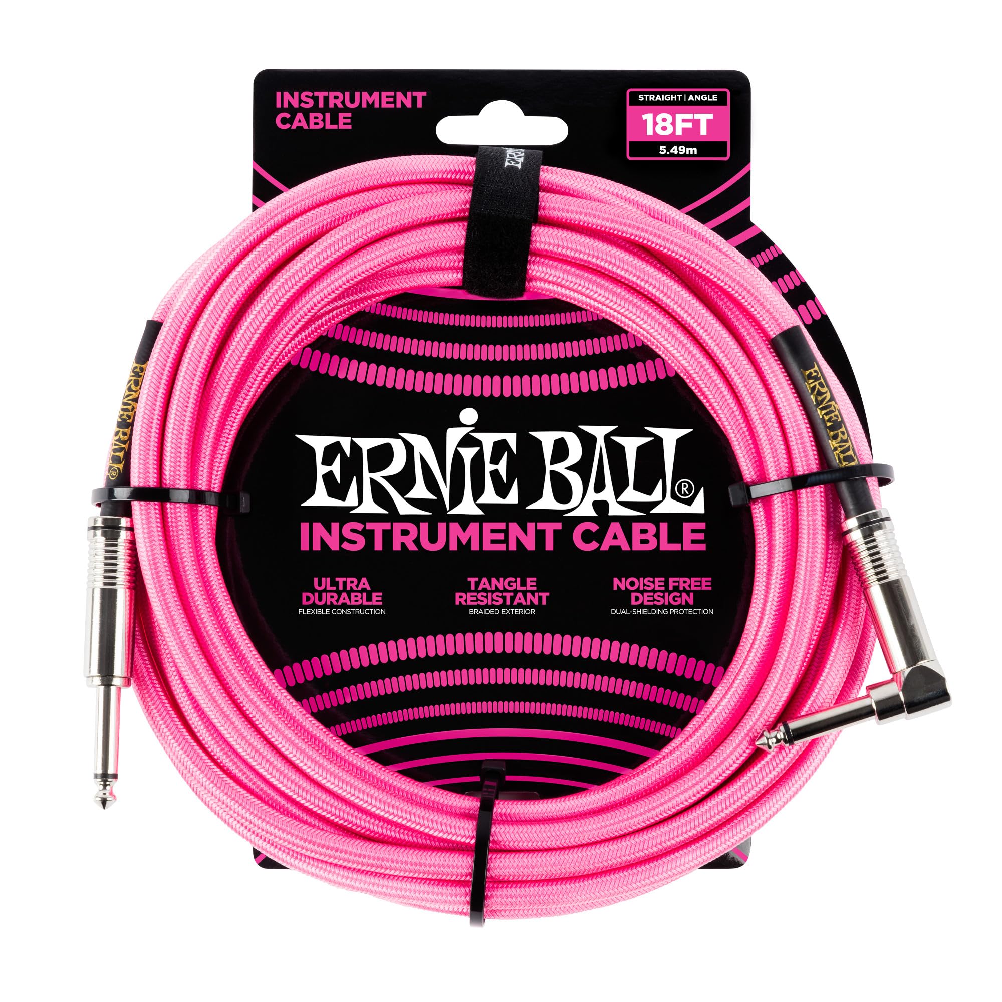 Ernie Ball Braided Instrument Cable, Straight/Angle, 18ft, Neon Pink (P06083) Image