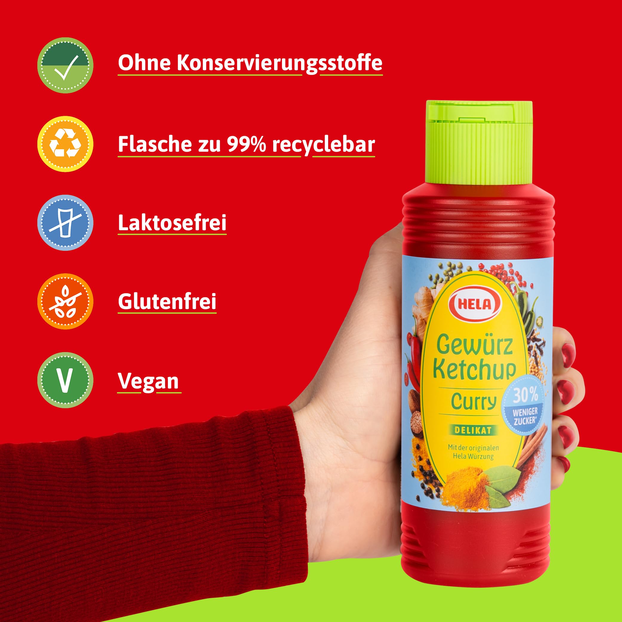 HELA - Gewürz Ketchup Curry delikat 300 ml - 30 % weniger Zucker & ohne Süßungsmittel - würzig-milder Curry Ketchup in - vegan, laktosefrei, ohne Konservierungsstoffe - ideal zum Dippen & Grillen 5