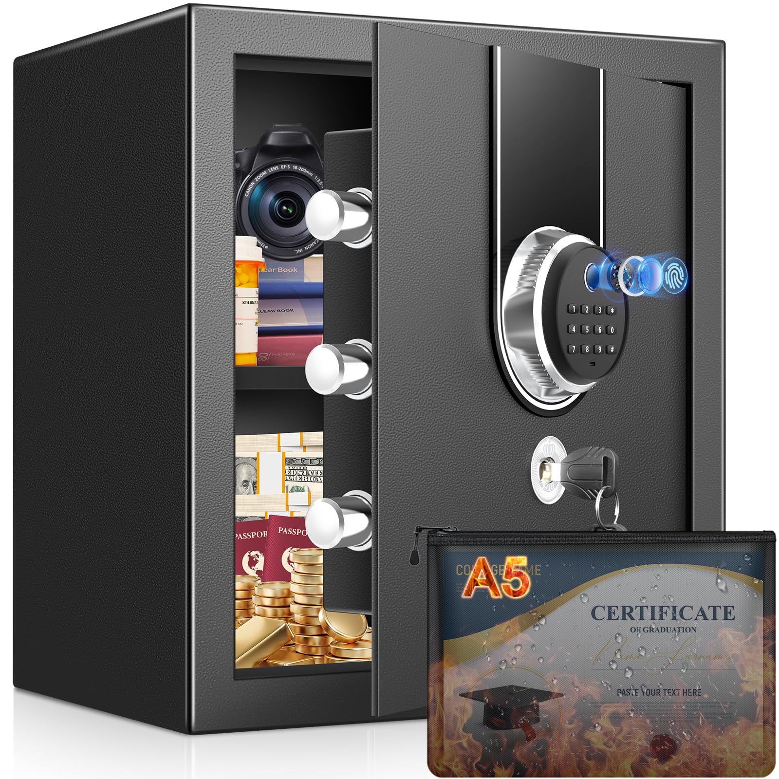 Photo 1 of 2.0 Cuft Biometric Safe Box, Fireproof Safe for Home with Digital Keypad and Spare Keys, Safety Box for Money, Documents, and other Valuables