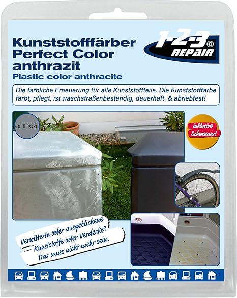 123repair Perfect-Color Kunststoff Aufbereitung I Kunststofffarbe anthrazit mit Schwamm für Polyrattan Gartenmöbel Camping PV