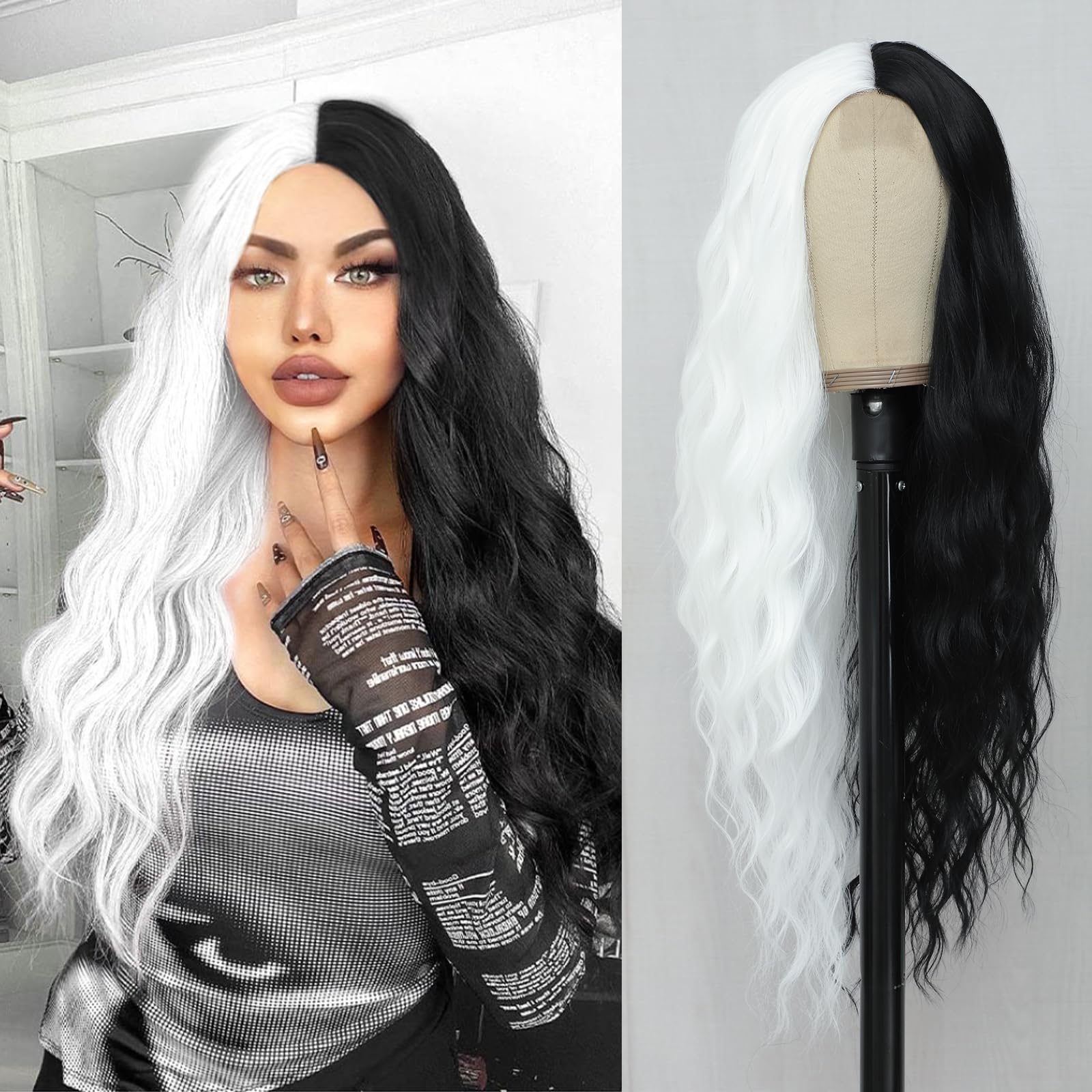 Photo 1 of BUPPLER Cosplay Long BlackWhite Wig 28 Inch Middle Part Synthetic Wig Realistic Gifts Party Wigs for Women Daily Use Colorful Wigs (BlackWhite)
