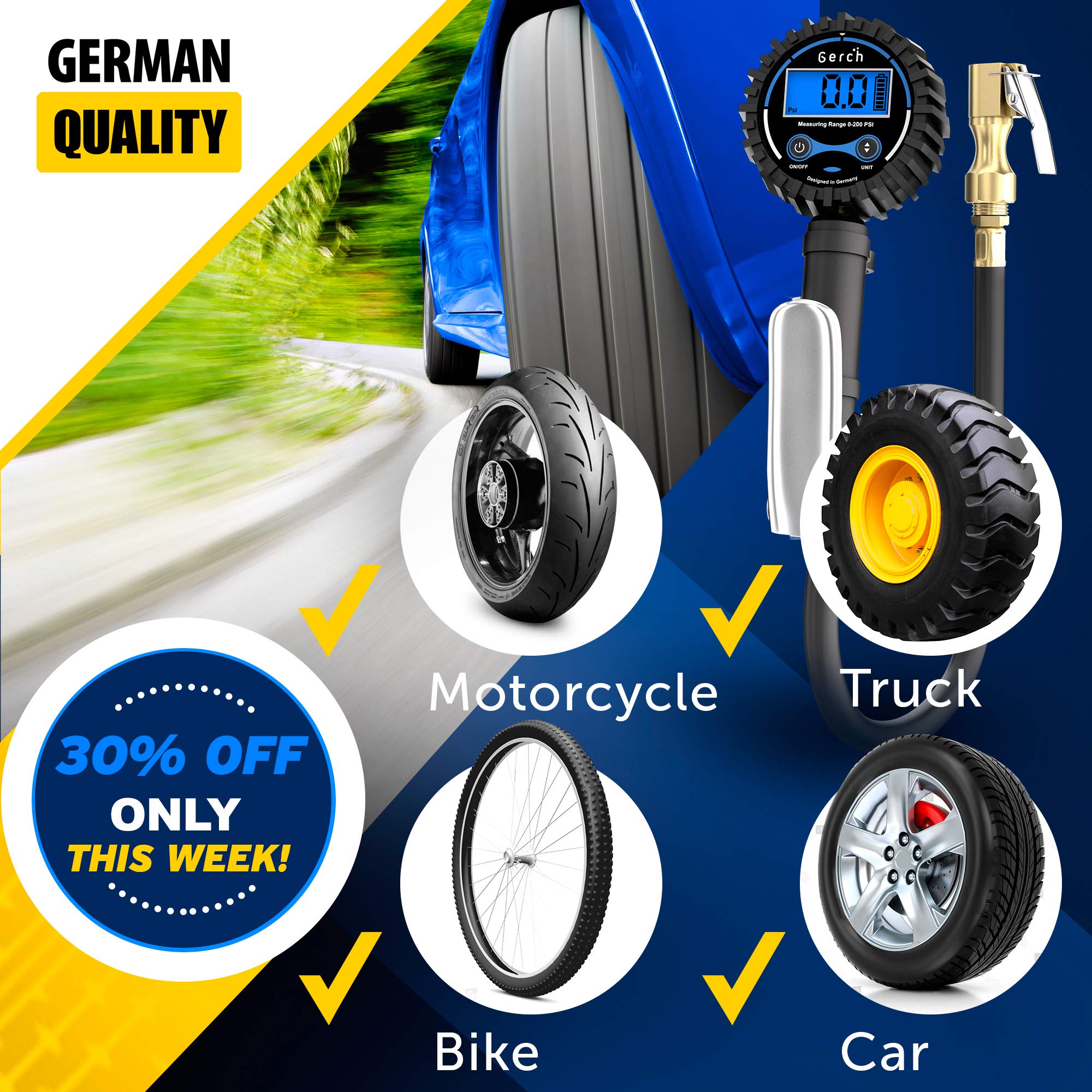 Digital Tire Inflator with Pressure Gauge and Longer 24" Hose Air