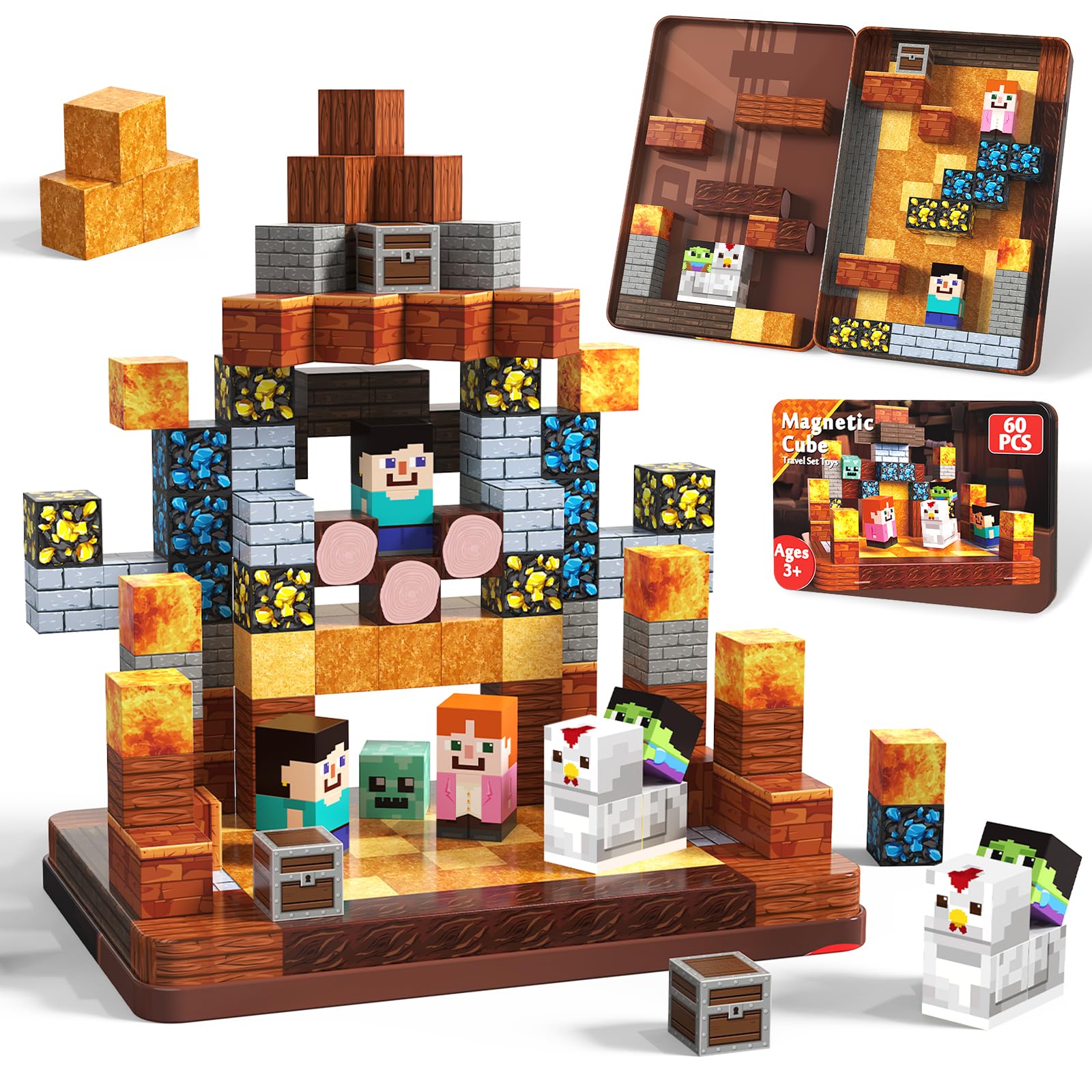 Magnetic Blocks, 60PCS Toddler Travel Toys with Metal Box, Chicken Knight Magnets Building Blocks Tiles Cubes Construction Sensory Toys for Kids Boys Girls Ages 3 4 5 6 7 8 9 10 Birthday Xmas Gifts — image 1