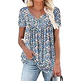 ROSELINLIN Women's Short Sleeve Shirts Floral Summer Tops Loose Fit for Leggings