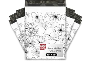 PRO SUPPLY GLOBAL 10x13 (100) Black and White Sketched Floral Summer Designer Poly Mailers Waterproof Self Sealing Tear Resistant Polymailers Shipping Envelopes Premium Printed Bags For Small Businesses