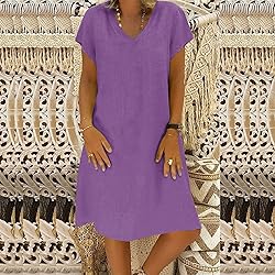 Women's Summer Cotton Linen Dress Loose V-Neck