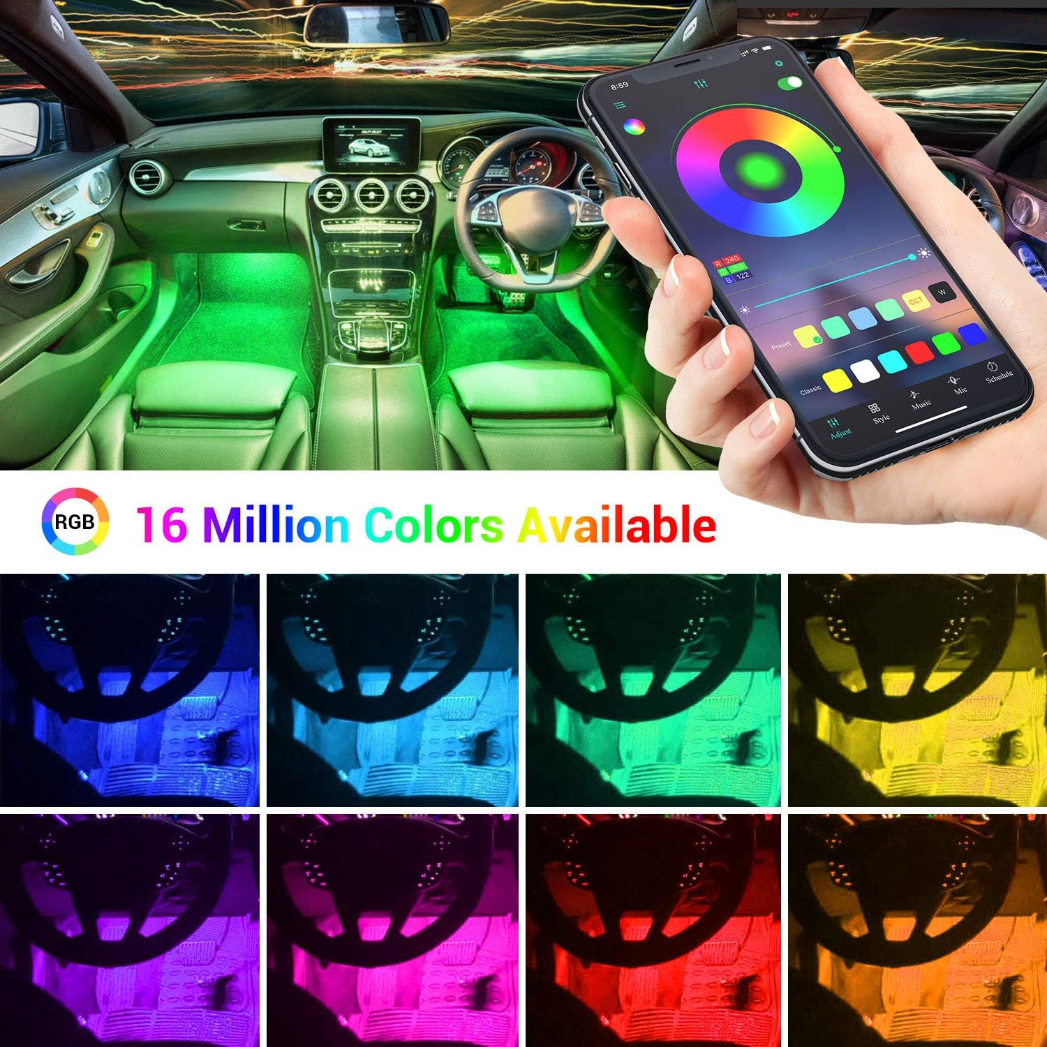 WEISIJI Car LED Strip Light,APP Controller Car Interior Lights,4Pcs 48 LEDs Lighting Kits, Multi DIY Color Music Under Dash Car Lighting with Car Charger, DC 12V: Automotive
