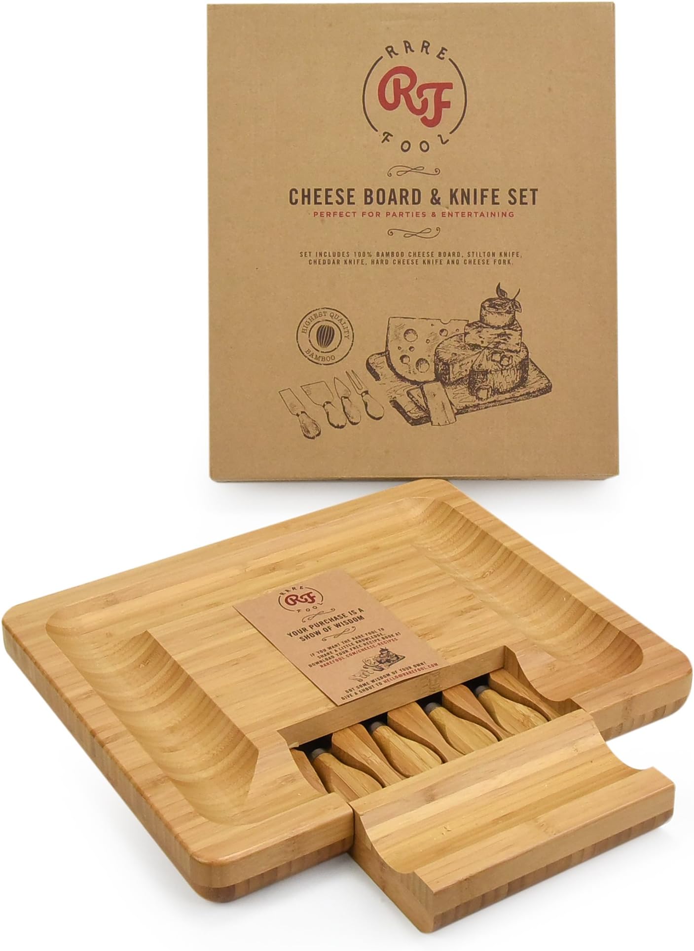 Cheese Board and Knife Set 4-Piece Square 100% Natural Bamboo with Slide-Out Drawer