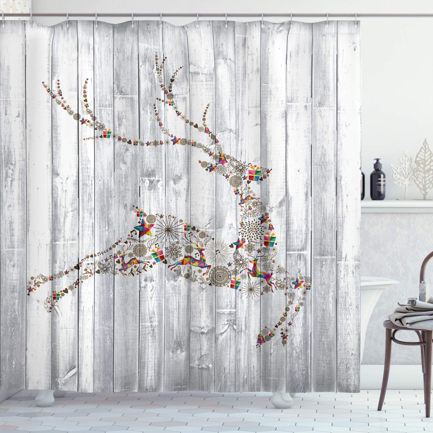 ABAKUHAUS Deer Shower Curtain, Colorful Animal Silhouette Various Christmas Elements Wooden Planks Theme, Cloth Fabric Bathroom Decor Set with Hooks, 70 Inches, Grey Multicolor