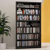 Metal DVD Storage Cabinet, 7 Tier Tall Media Shelf with Adjustable Shelves | Freestanding CD &amp; DVD Rack Tower Bookshelf for Living Room, Home Entertainment,Music Corner,Black