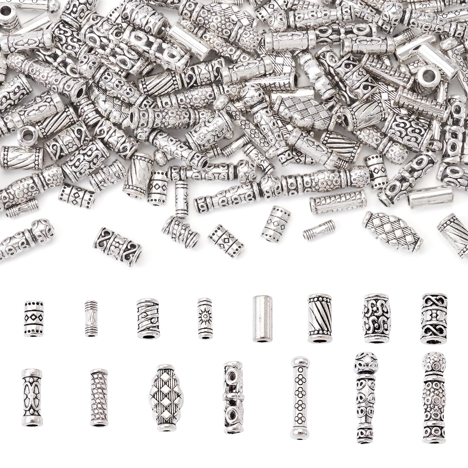 Cheriswelry 150pcs Tibetan Silver Column Beads 15 Styles Metal Tube Barrel Spacer Beads Charm for Jewelry Making Hole:1.5-3mm