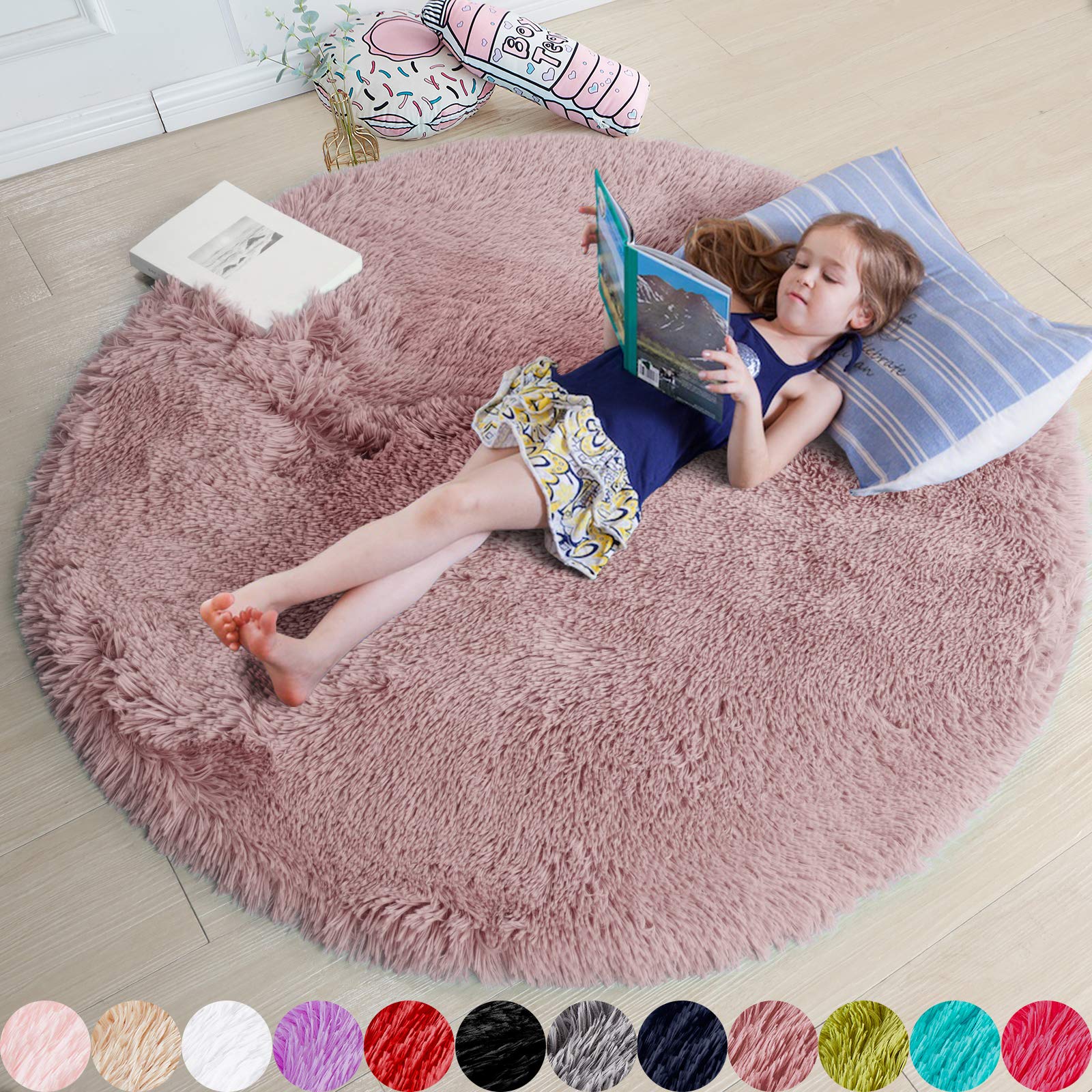 Photo 1 of Blush Pink Fluffy Round Rug 5Ft for Bedroom, Fuzzy Plush Circle Area Rugs for Baby Kids Room Decor Aesthetic, Shaggy Circular Carpet for Teen Girls Nursery Dorm Playroom, Cute Dusty Rose Mauve Rug