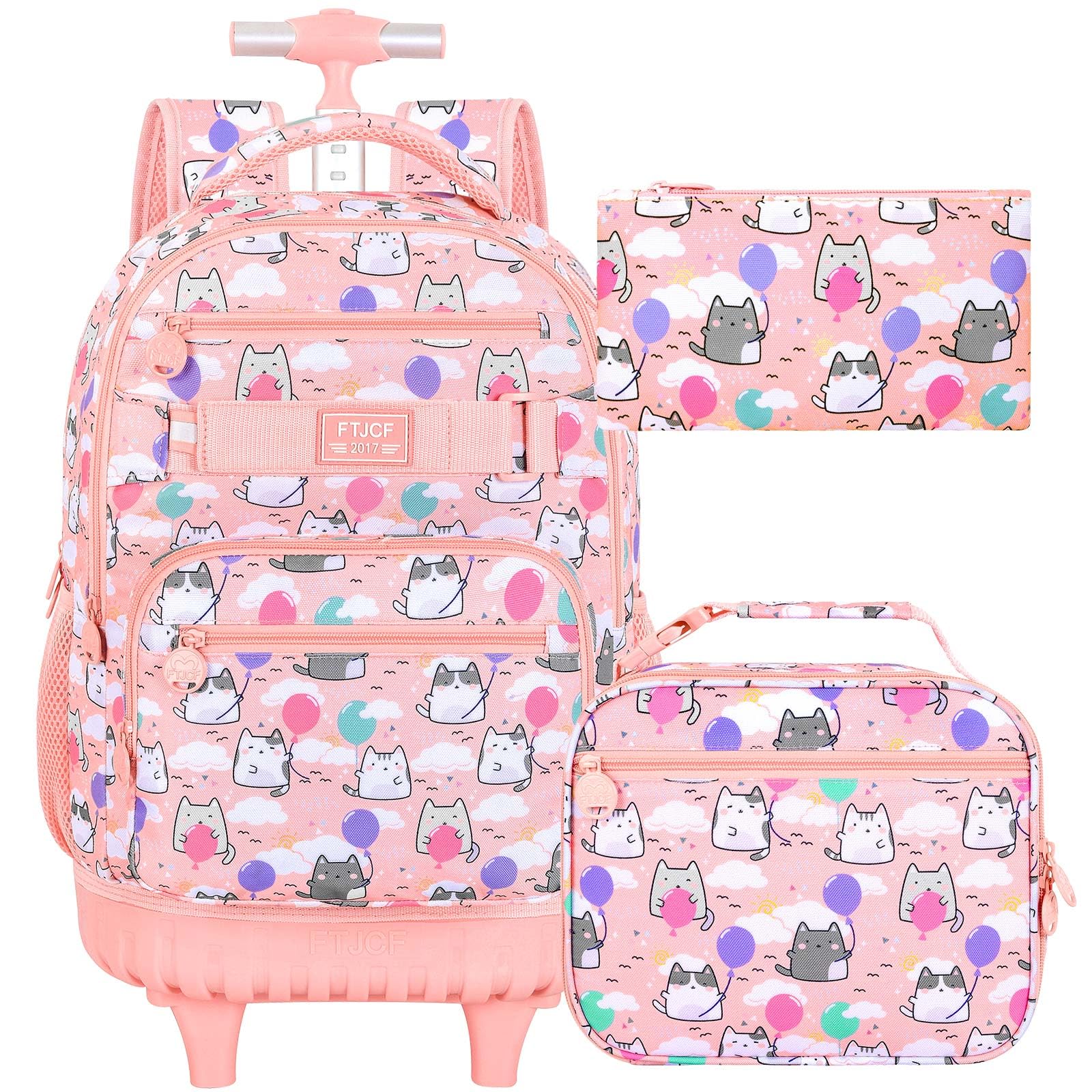 Photo 1 of Girls Rolling Backpack, 3PCS Womens Roller Bookbag with Lunch Bag for Kids, Wheeled School Bag for Children - Pink Cloud Cat