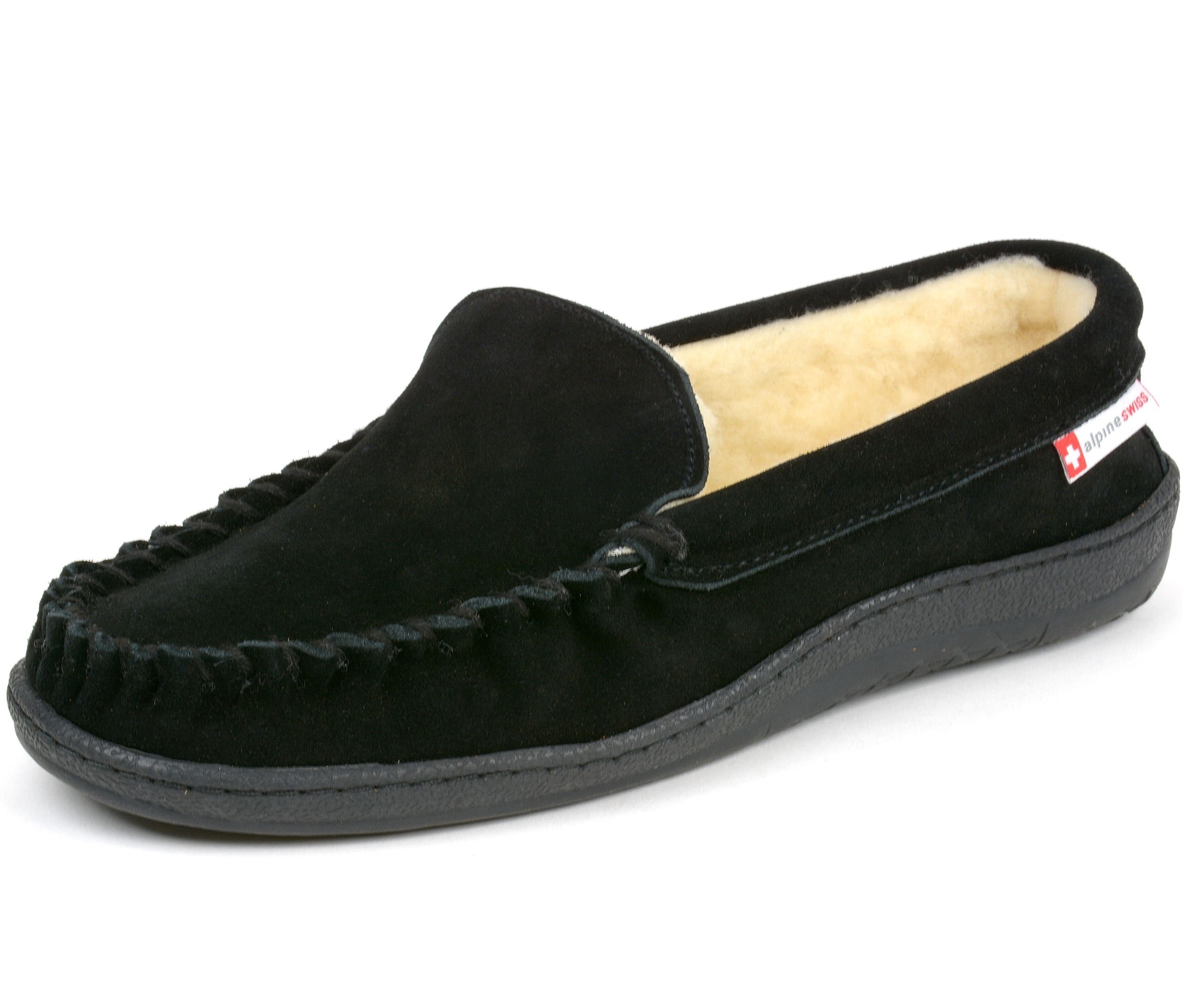 Alpine Swiss Yukon Mens Suede Shearling Slip On Moccasin Slippers Black