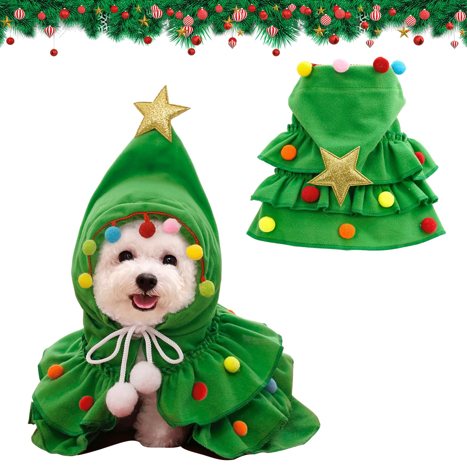 Pet Christmas Costume, Christmas Pet Cape Xmas Tree Cape with Santa Hat Puppy Xmas Cloak with Star and Pompoms Cosplay Dress for Dog Cat Christmas Costume New Year Party Supplies (Green)