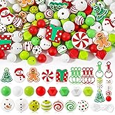 FYSUIMU Christmas Silicone Wooden Beads for Keychain Making Kit Xmas Red Green Round Polygonal Loose Beads Bulk for DIY Pen Bracelet Necklace Crafts Holiday Party Decor, 166 Pcs