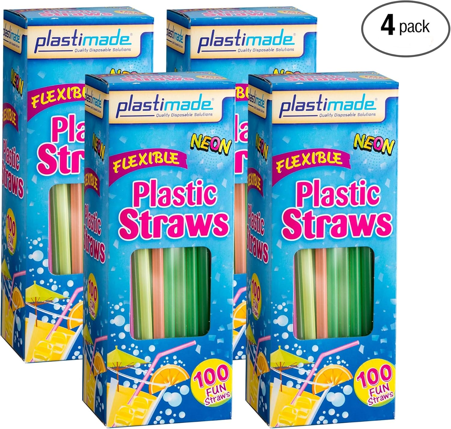 [400 Count] Plastimade Fun Colored Plastic Disposable Drinking Flexible Straws For Home, Office, Wedding, Events, Parties, Take Out, Water, Juice, Soda, Beer, Cocktails, (4 Packs): Kitchen & Dining