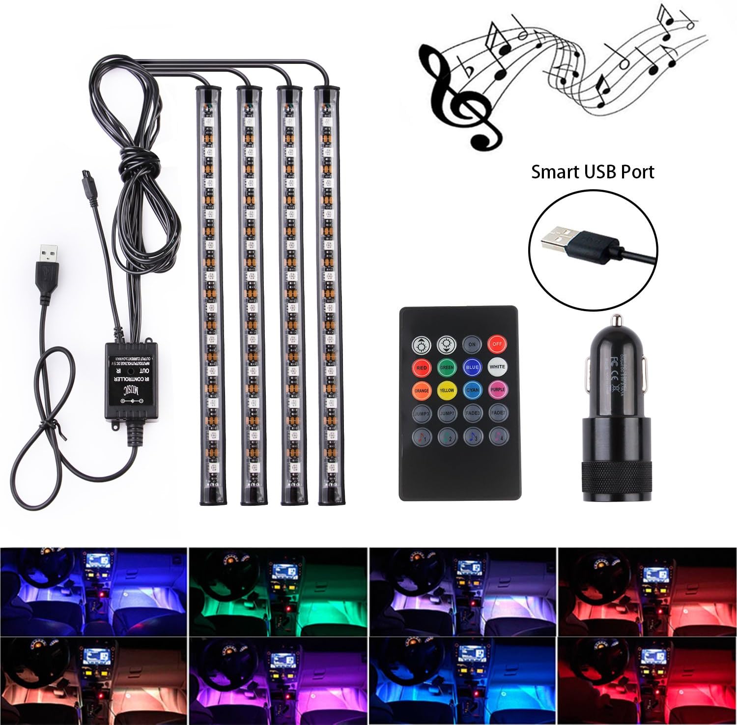 Car LED Strip interior lights - Moobibear 4pcs 48 LED Multicolor Music Atmosphere Lights with Sound-activated control, USB Port LED Car Lighting kit with Wireless Remote Control and Cigarette Lighter [Energy Class A]