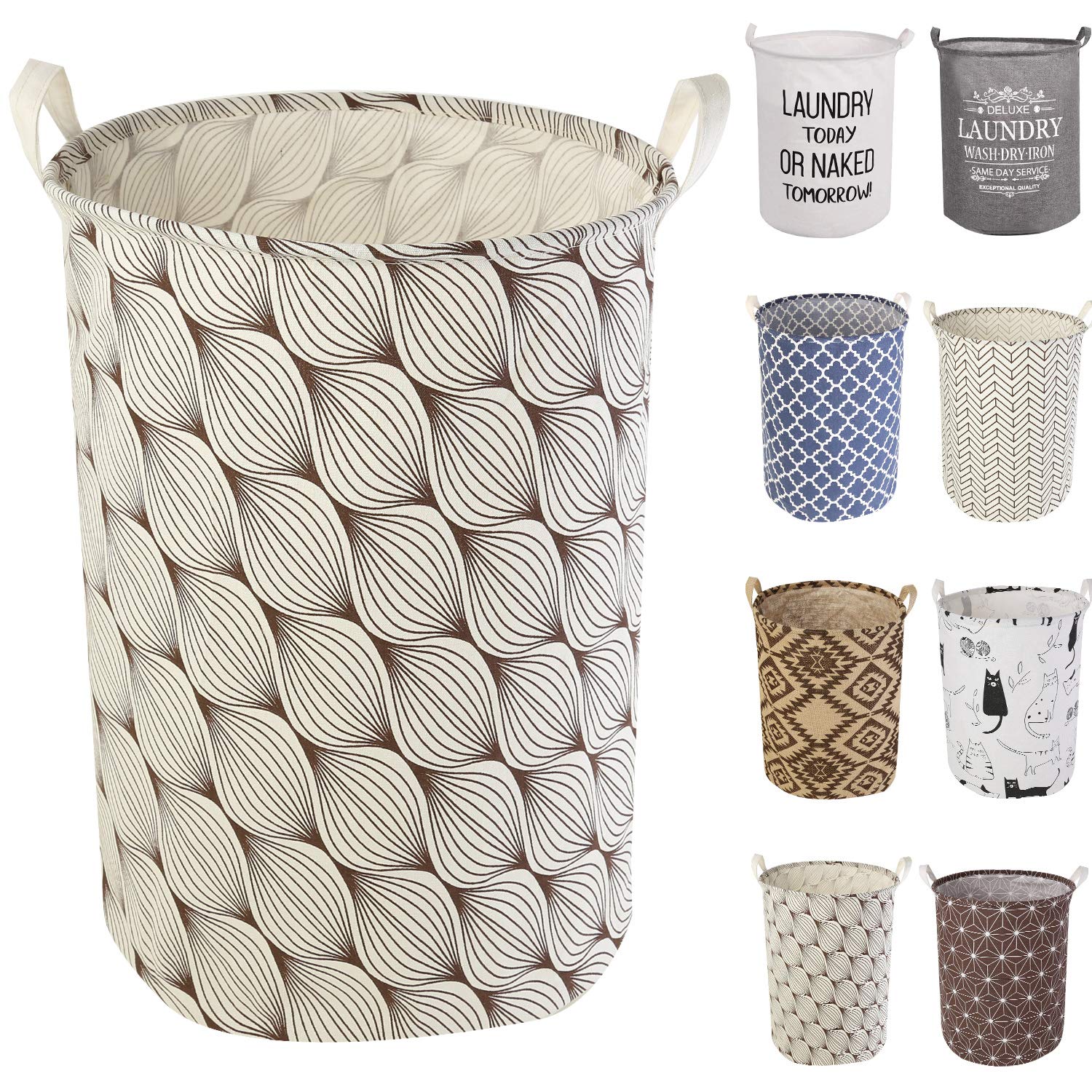 LessMo 19.7" Laundry Hamper, Collapsible Storage Basket With Easy Carry Handles, Waterproof Round Cotton Linen, for Baby Products, Toys, Bedroom Hamper Tree Leaf