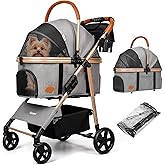 Dog Cat Stroller for Small/Medium Pets up to 50 lbs, 3-in-1 Foldable Pet Stroller with Detachable Carrier, Car Seat, Storage Basket, Cup Holder, Hanging Bag, Rain Cover, All-Terrain 4 Wheels (Grey)