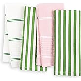 Kate Spade New York Botanical Stripe Kitchen Towels 4-Pack Set, Absorbent 100% Cotton, Green/Pink, 17"x28"