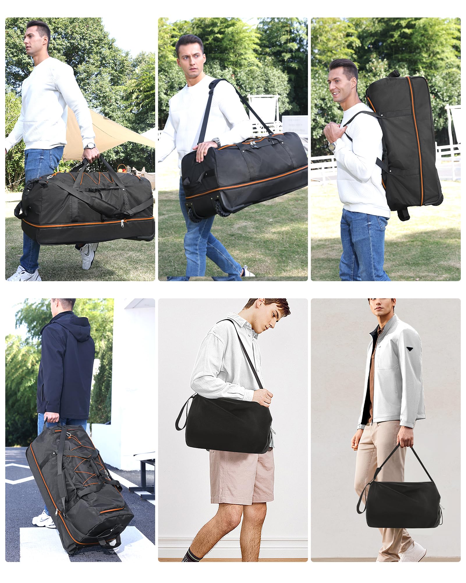 CONTAIL 32” Soft-side 110L Expandable 140L Rolling Duffle Bag with 2 Inline Wheels,Convertible Weekend Travel Bag with Bungee-Cord System,Black-orange