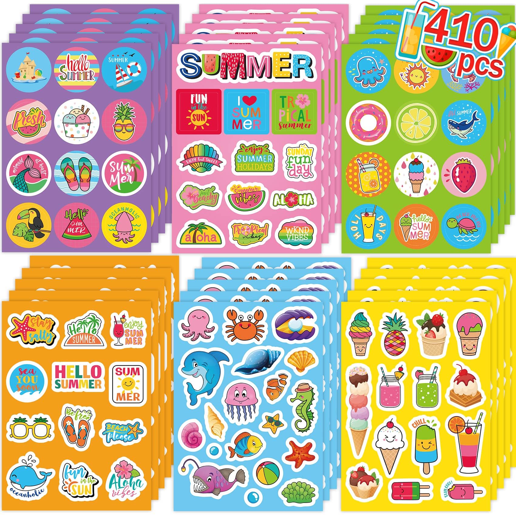 Summer Stickers for Kids Teachers - Ocean Beach Hawaiian Ice Cream Bulk Pack for Scrapbooking, Water Bottles, Luau Hawaii Beach Party Decorations, School Classroom Party Supplies