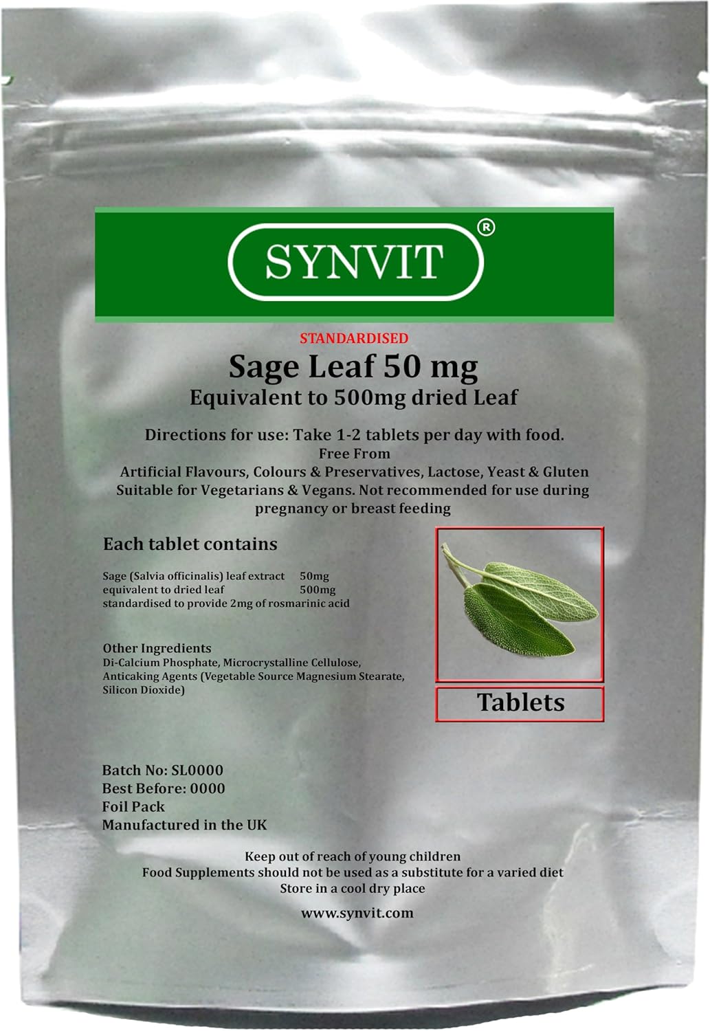 Sage Leaf SYNVIT® Equivalent 500mg x 120 Tablets Amazon.co.uk Health