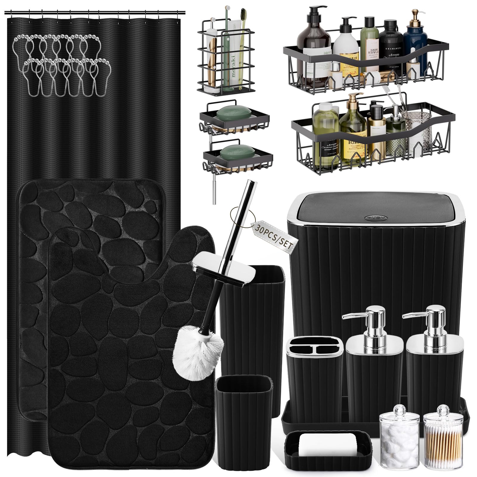XLHOMO 30PC Bathroom Accessories Set - Gorgeous Black Bathroom Set, Bathroom Accessory Set, Black Shower Curtain Set with Bathroom Storage