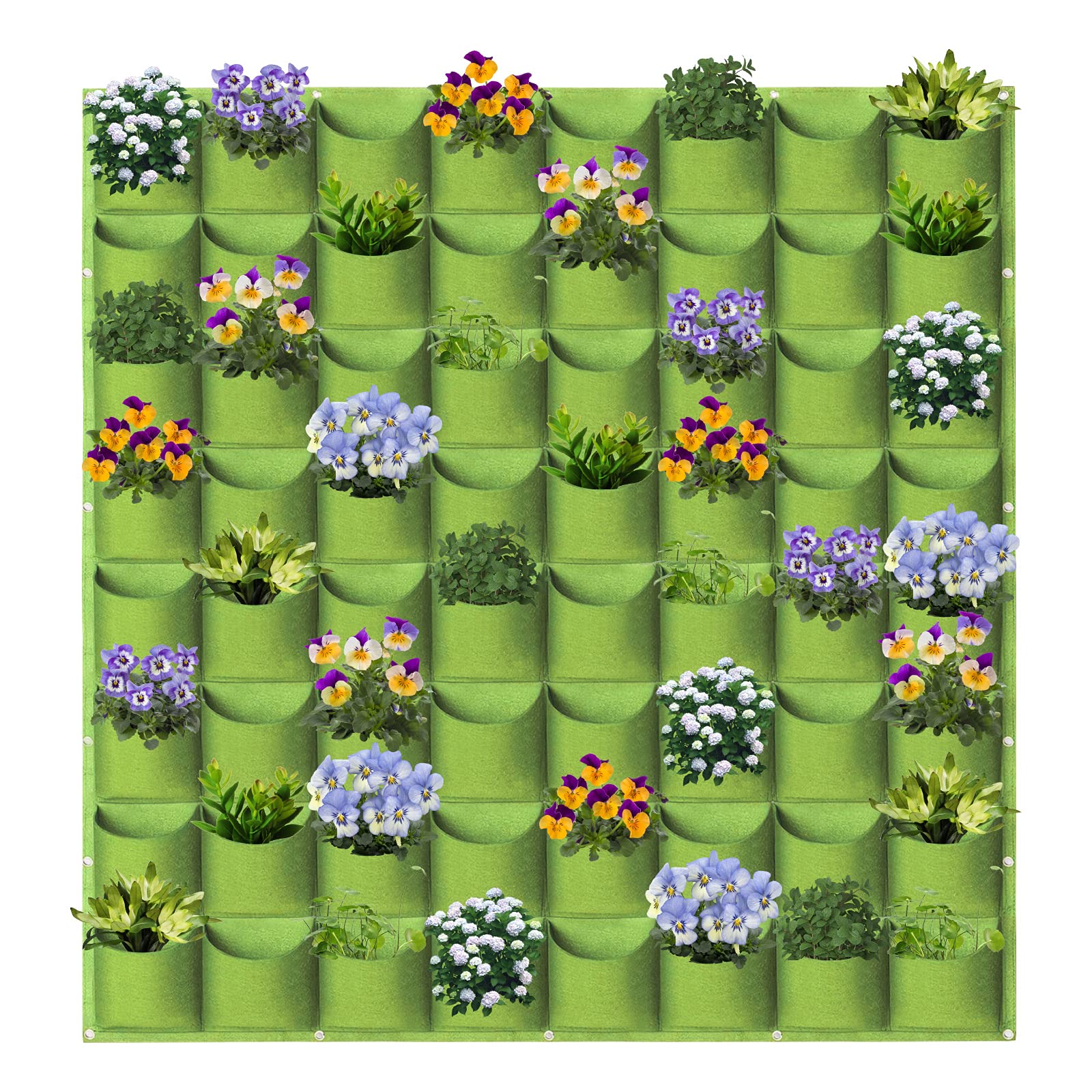 WHATWEARS Hanging Planter Bags, 64 Pockets Hanging Vertical Wall Mounted Planter Planting Grow Bag, Gardening Vertical Greening Flower Container Plant Pouch Storage Bags(1m×1m, Green)