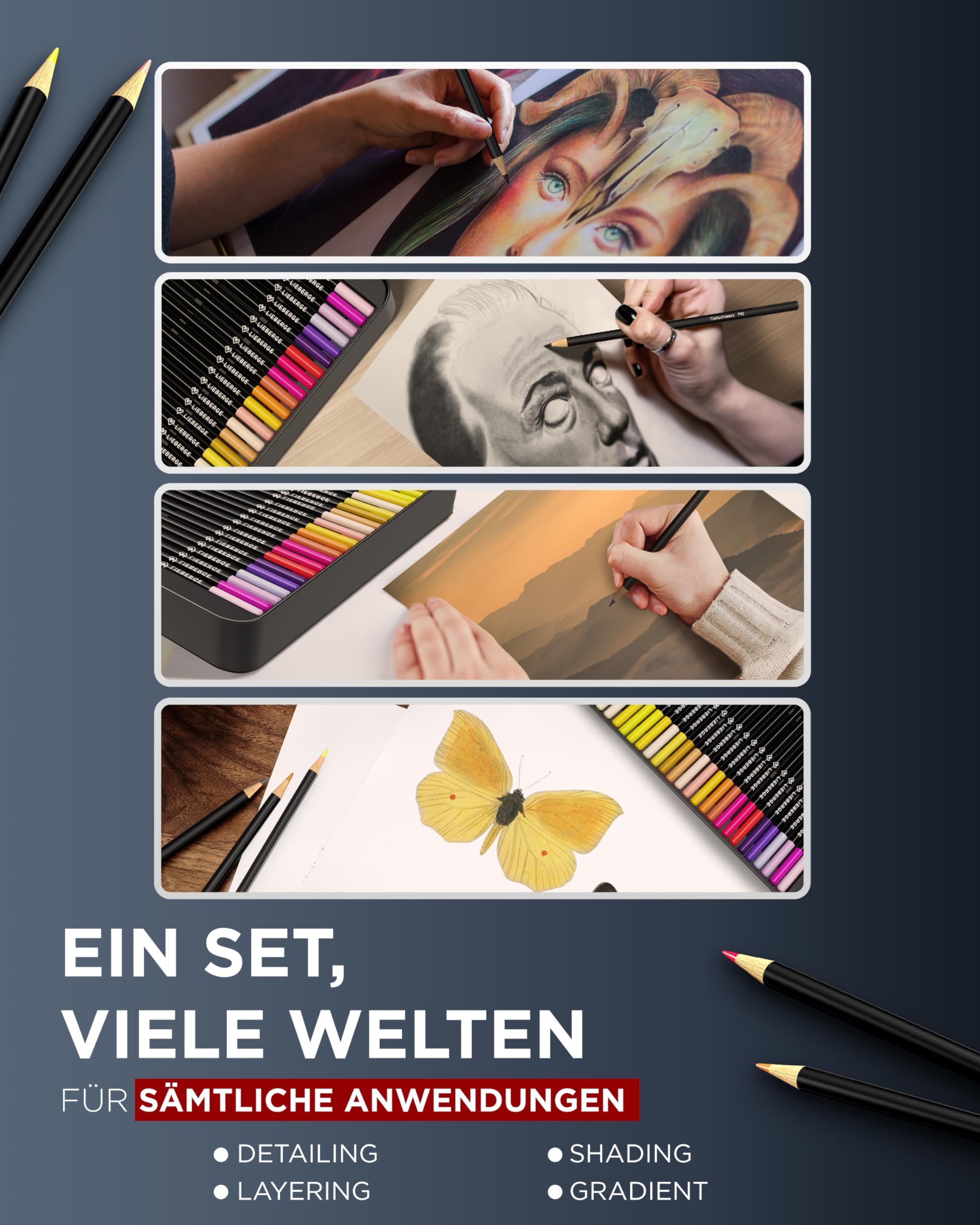 LIEBERGE Premium Buntstifte Set in Metallschatulle – 72 Farben – hochpigmentierte Colored Pencils – bruchsicher, weiche Farbabgabe | Malstifte für Erwachsene, Kinder und Künstler (Metallschatulle) 4