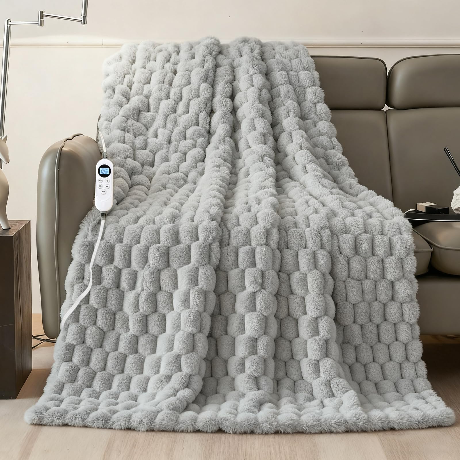 Photo 1 of Electric Heated Blanket Throw 50" x 60" Soft Ribbed Faux Fur Flannel Fast Heating 12 Heat Levels 1–12H Timer & Overheat Protection & Auto Shut-Off & ETL FCC & Machine Washable Heated Throw (Gray)