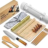 ISSEVE Sushi Making Kit, Bamboo Sushi Mat, All In One Sushi Bazooka Maker with Bamboo Mats, Bamboo Chopsticks, Paddle, Spread