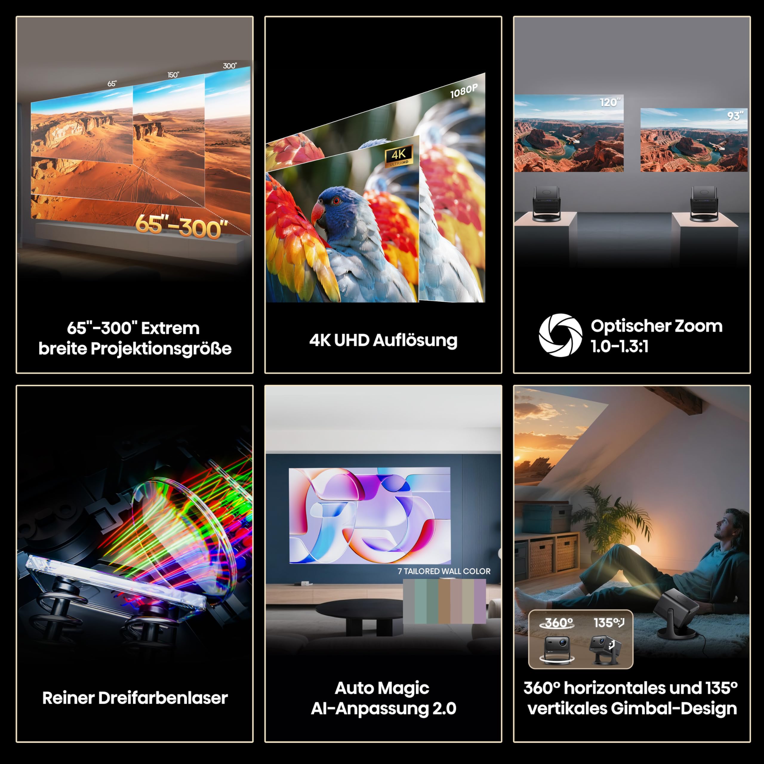 Hisense Laser Mini Projector C3, 65"-300" Projektionsgröße, 4K,IMAX Enhanced,Optischer Zoom1.0-1.3:1,Purer Dreifarbenlaser,2500 Lumen Helligkeit,Dolby Vision,Sound by JBL,3D,240Hz,Gimbal Design 4