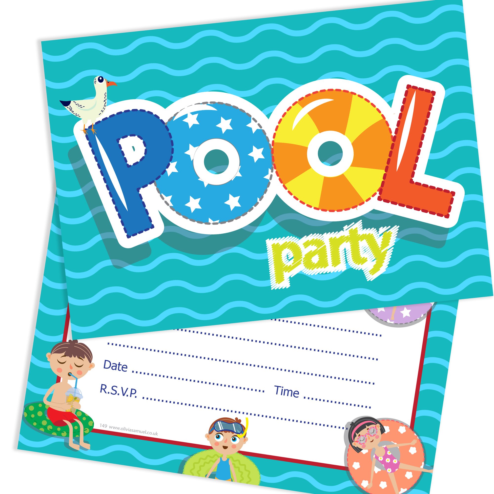 Olivia Samuel 20 x Swimming Pool Party Invitations - Ready to Write with Envelopes. Made in the UK