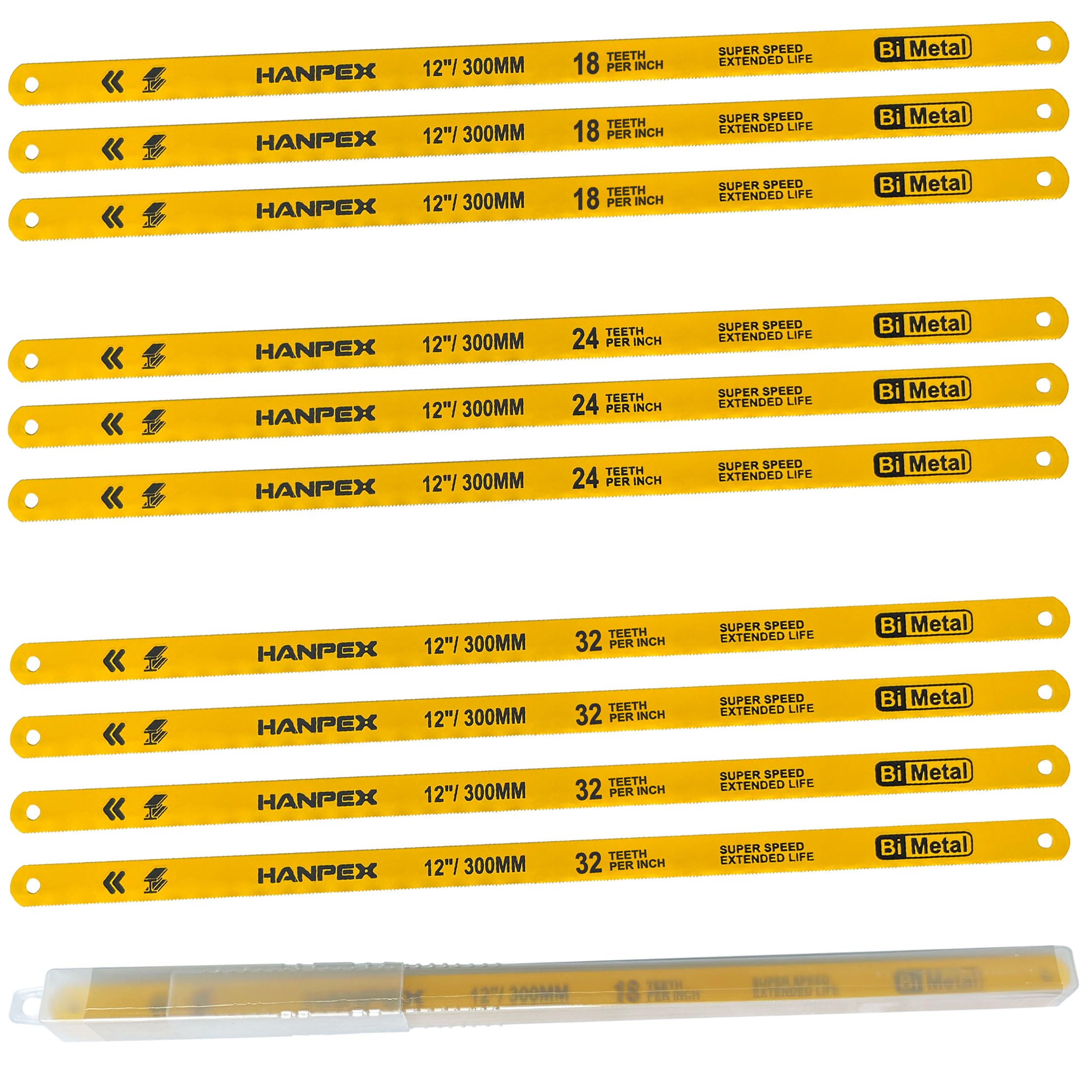Hanpex 300mm Hacksaw Replacement Blade Sets (10 Pack) High Speed 3Pc. 18TPI / 3Pc. 24TPI / 4Pc. 32TPI- 12" Length Hack Saw Blade - Bi-Metal HSS Cutting Blades