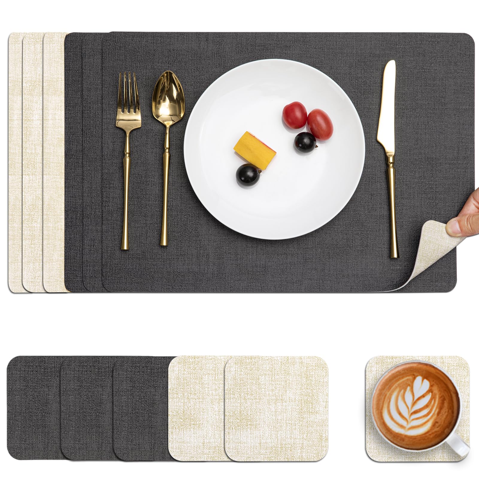 Myir JUN Placemats and Coasters Set of 6, Place Mats Dual Sided Faux Leather Table Mats PU Indoor Outdoor Heat Resistant Placemat Square Non Slip Wipeable Washable Dining Restaurant