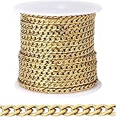 [33FT] 18K Gold PVD Plated Curb Chains for Jewelry Making, 3.5mm Wide 304 Stainless Steel Cuban Link Chain Roll Bulk for DIY Jewelry Making Craft