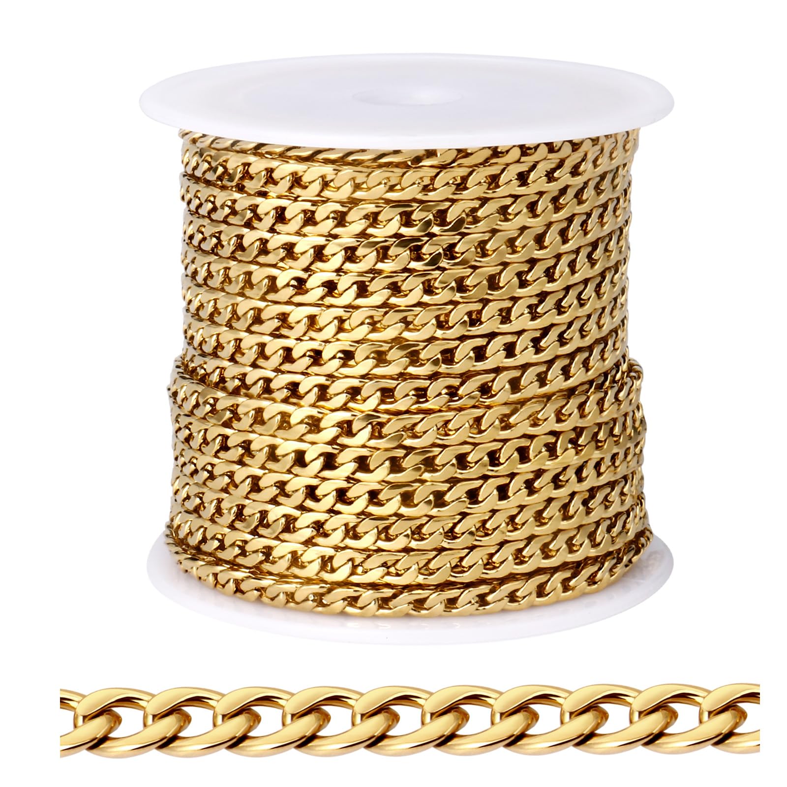 Photo 1 of [33FT] 18K Gold PVD Plated Curb Chains for Jewelry Making, 3.5mm Wide 304 Stainless Steel Cuban Link Chain Roll Bulk for DIY Jewelry Making Craft
