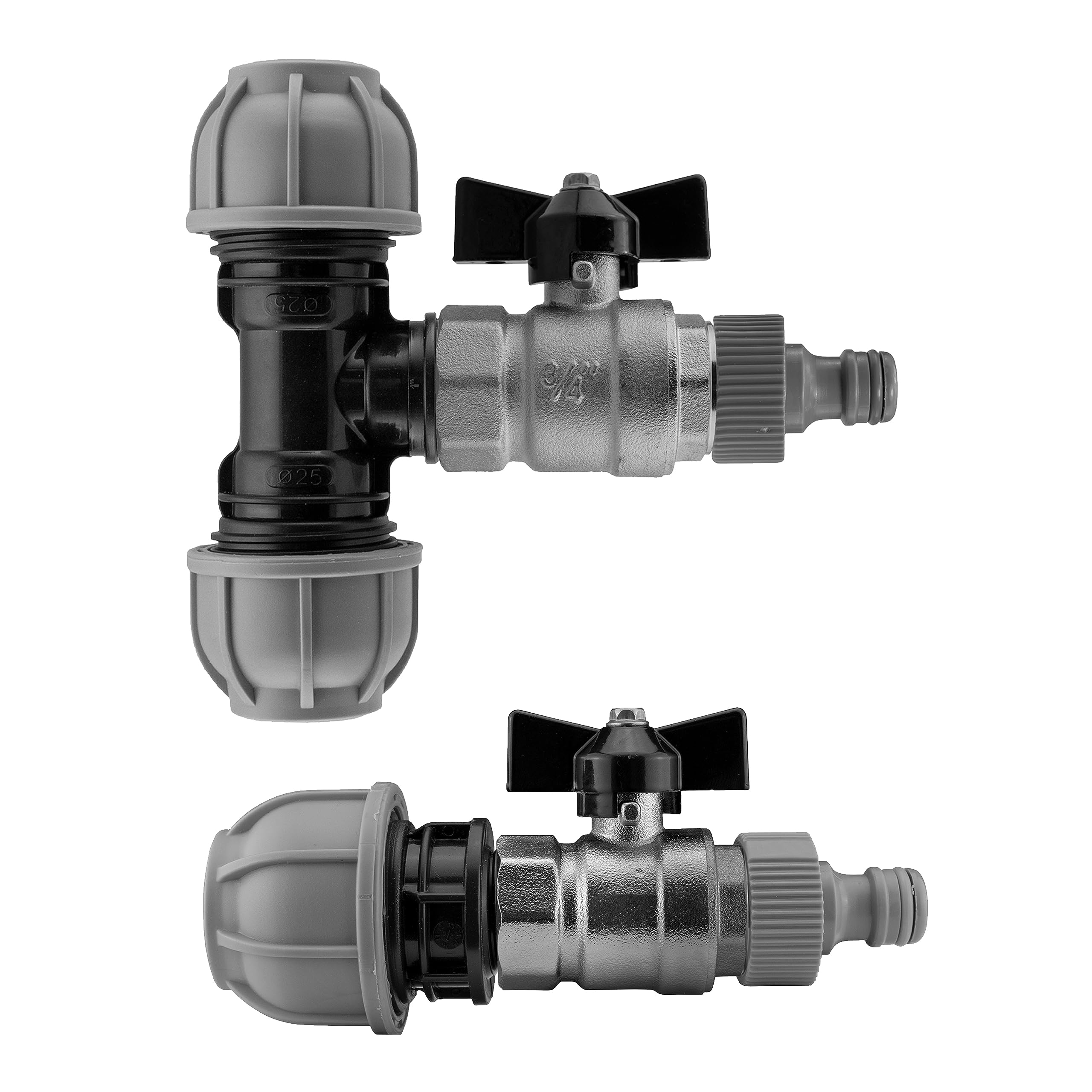 mdpe Compression Water Supply Pipe Fitting to Metal Butterfly Valve-Universal Click-Lock Hose Connection kit,for 20mm,25mm or 32mm Pipe (25mm tee)