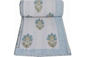 YUVANCRAFTS Indian Block Print Quilt Queen Kantha Quilts Kantha Throw Kantha Bedspread Blanket Cotton Bed Cover Vintage Quilt Boho Kantha Quilts Queen Size Quilt Blanket (Twin 90 X 60 Inch, White 5)