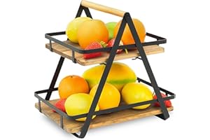 TIEYIPIN 2-Tier Metal Countertop Fruit Basket Organizer for Kitchen Storage and Display - Black Farmhouse Style with Wooden H