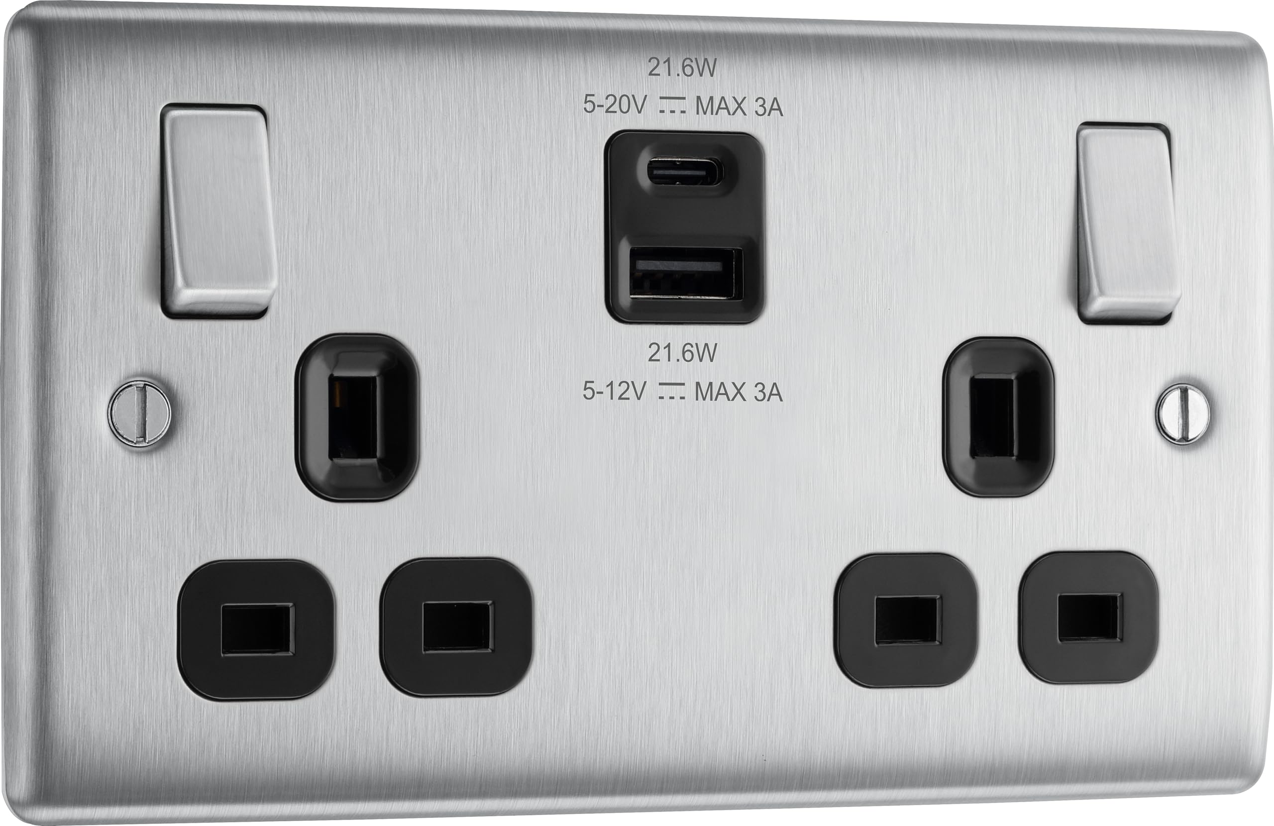BG Electrical 22W Double Switched Wall Plug Socket with Fast Charge Type A & C USB Charging Ports, Nexus Metal, Brushed Steel, Black Inserts, 13A, NBS22UAC22B