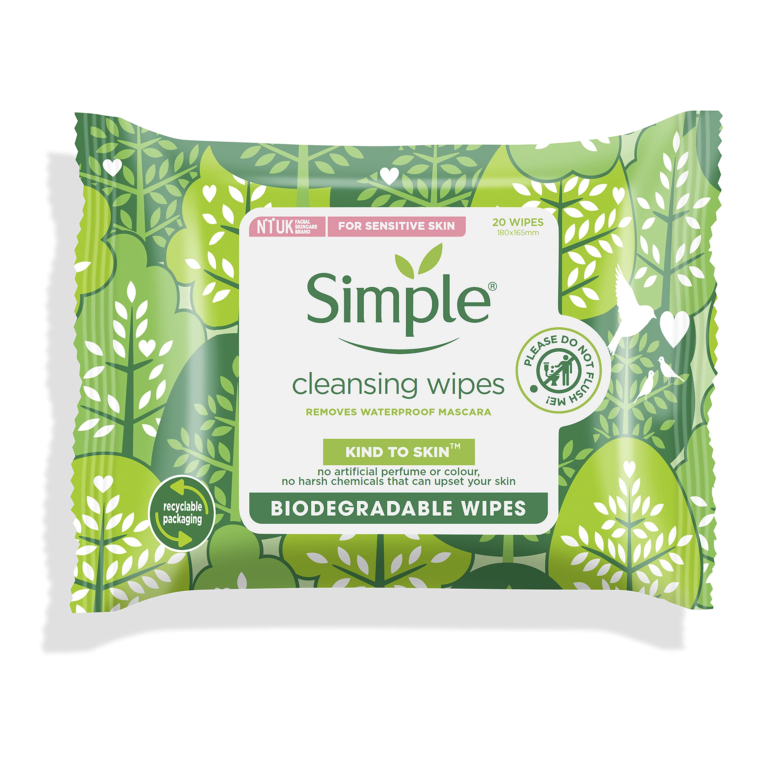 Simple Kind to Skin Cleansing Wipes remove waterproof make-up Biodegradable for sensitive skin 20 PC