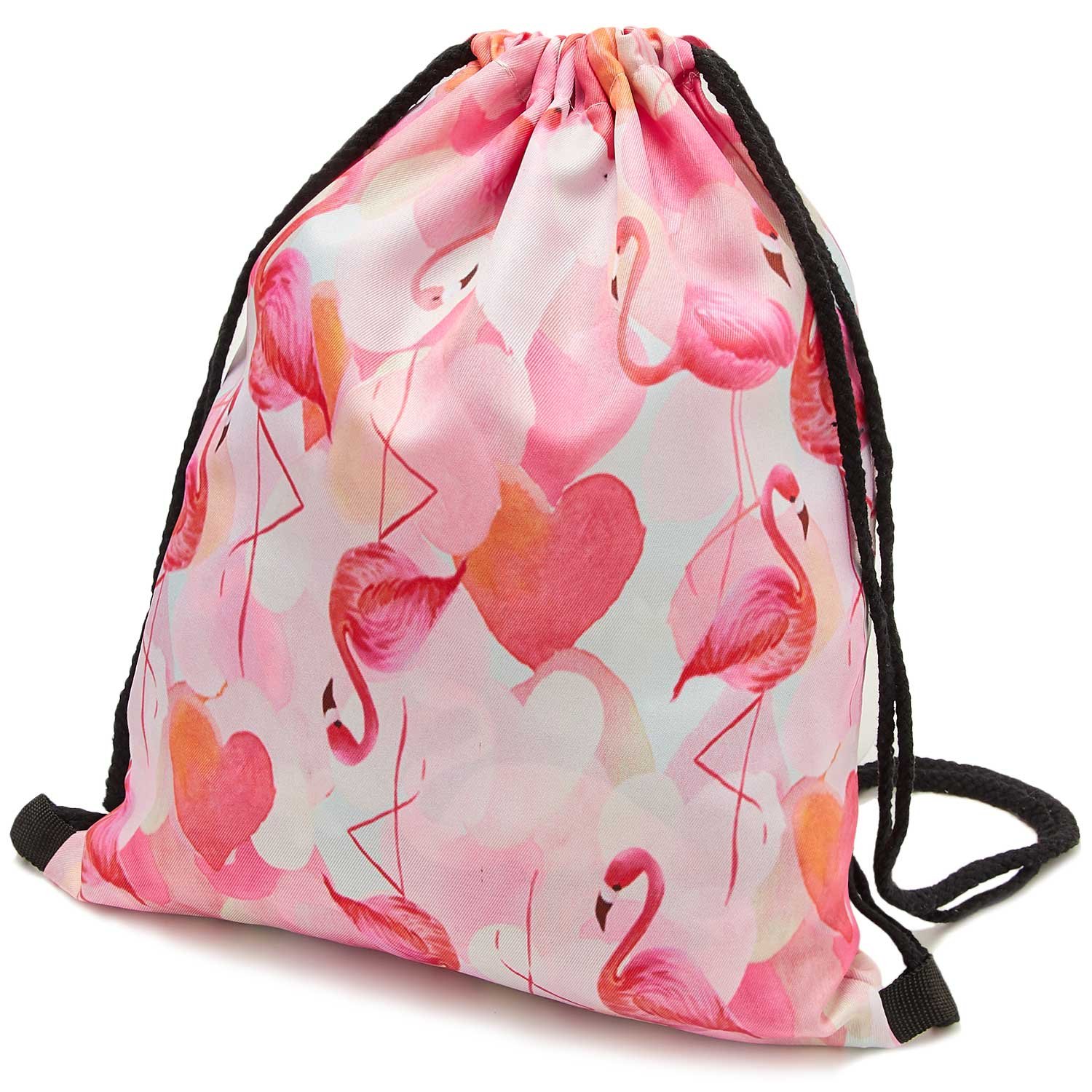 TUONROAD Cute Drawstring Dance Bag Small Cinch Sack Hot Pattern Pink Flamingo Orange White Heart Shape Cosmetic and Toiletry Bags Gift for Girls Ladies Shopping Hiking Jogging