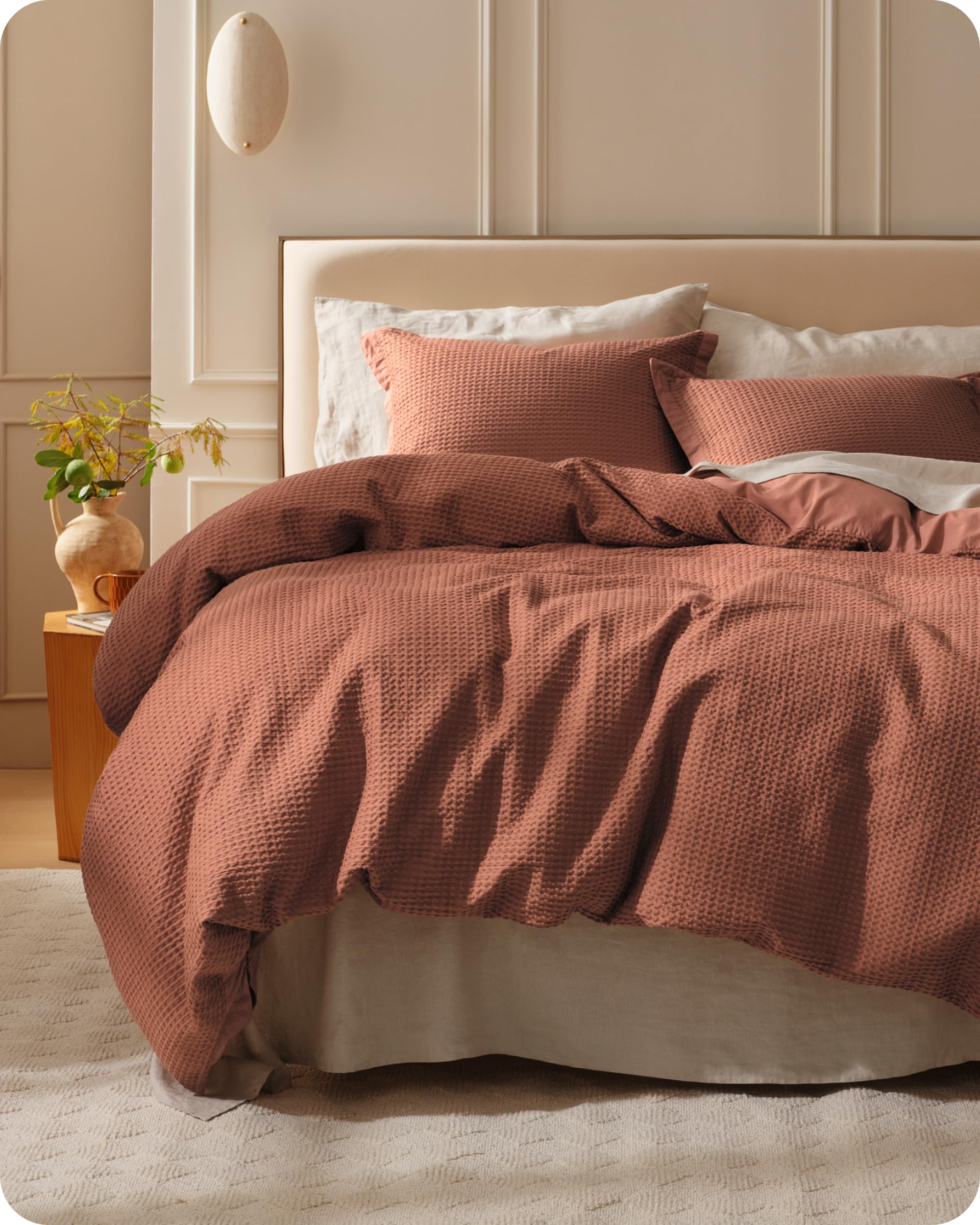 Photo 1 of Bedsure Cotton Duvet Cover King - 100% Cotton Waffle Weave Burnt Orange Duvet Cover King Size, GentleSoft™ and Breathable Bedding Set for All Season, 3 Pieces, 104"x90"
