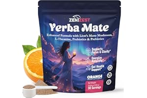 ZeniZest Yerba Mate Instant Tea Powder - Natural Drink for Energy Gut Health Focus & Brain Support with L-Theanine Lion's Mane Extract Prebiotics Probiotics Fiber Blend - Sugar-Free 30 Servings