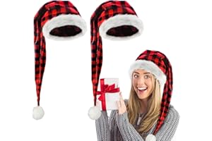 algpty Long Santa Hat for Adult | Red Buffalo Plaid Christmas Hats,Xmax Holiday Hats for Party, Fluffy Plush Santa Claus Hats