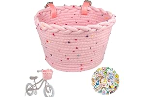 RELWEARS Kids Bike Basket Rope Woven Front Bicycle Basket for Boys Girls Kids Front Handlebar Basket for Scooter,Balance Bikes Cute Bike Basket with Colored Spots