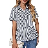 Vrtige Womens Striped Button Down Shirt Short Sleeve Pleated Peplum Top Work Casual Blouse